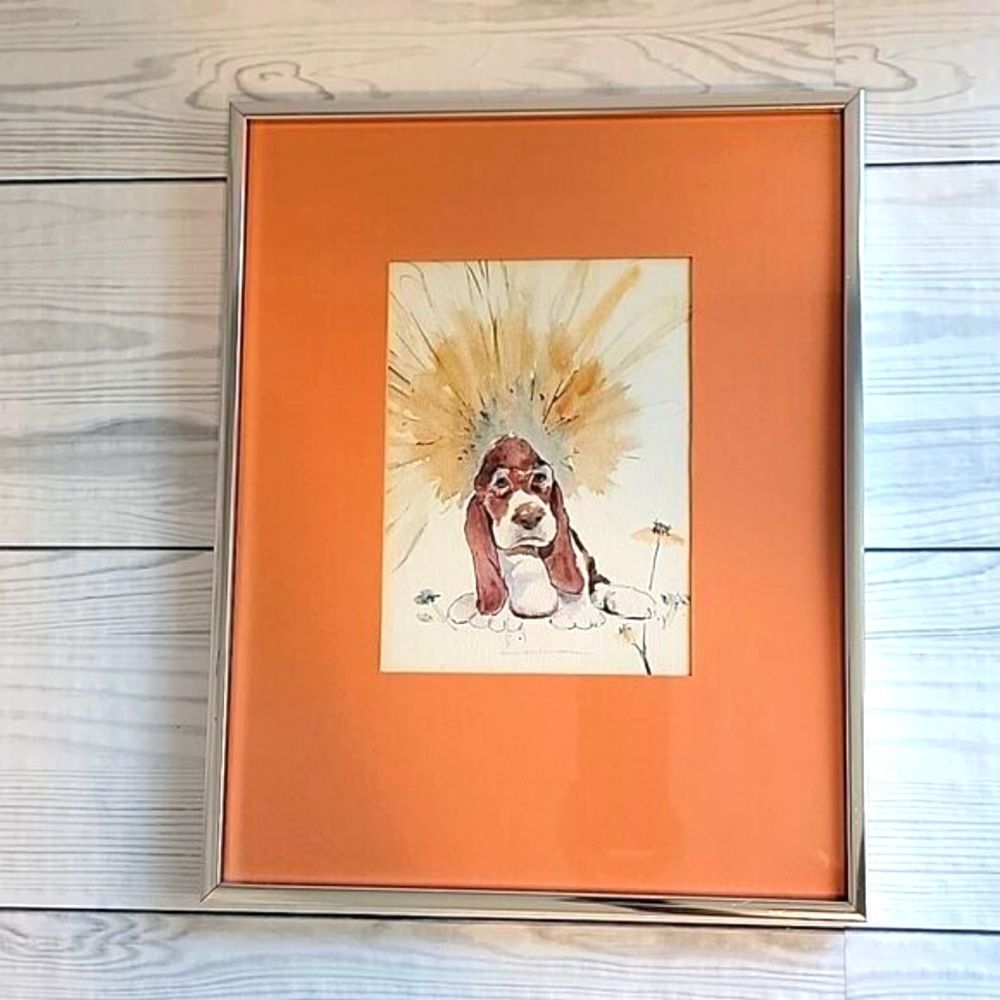 Bassett hound original watercolor by Carol Portrait size framed 11X14.5